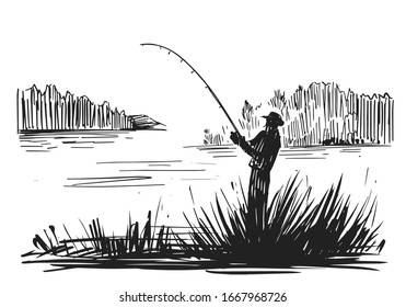 Sketch of a fisherman on a lake. Hand drawn illustration converted to vector. Black on transparent background