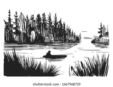 Sketch of a fisherman on a lake. Hand drawn illustration converted to vector. Black on transparent background