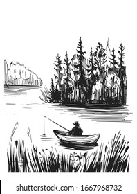 Sketch of a fisherman on a lake. Hand drawn illustration converted to vector. Black on transparent background