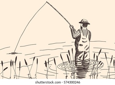 Sketch of fisherman standing in water with fishing rod in his hands