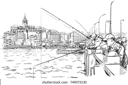 Esbozo de los pescadores en el puente de Galata en Estambul con el paisaje urbano y la torre de Gálata en segundo plano, ilustración hecha a mano por Vector de famosos monumentos turcos