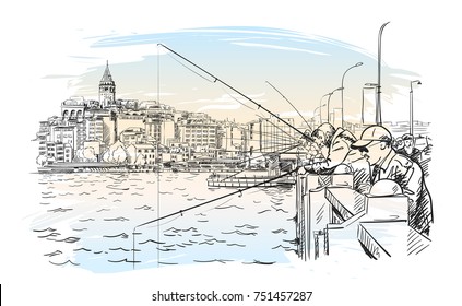 Dibujo de pescadores en el puente de Galata en Estambul con paisaje urbano y torre de Gálata sobre fondo acuático, ilustración hecha a mano por vectores de famosos monumentos turcos