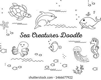 Sketch of fishes, tortoise, dolphin, octopus, sea horse, jelly fish, whale and star fish. Vector illustration of hand drawn sea animals doodle in white background