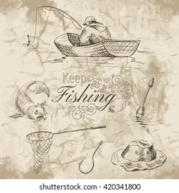 Sketch of fishing. A fisherman in a boat, hook, net and fish on old paper background. Vector illustration.