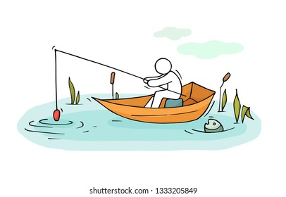 Sketch of fishman men sit in a boat. Doodle cute miniature scene about fishing. Hand drawn cartoon vector illustration for vacation design.