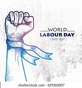 Sketch of fist for World Labour day1 May with Grunge Background. Vector Illustration