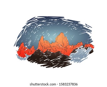 Sketch of Fitz Roy mountain massif at sunrise, Hand drawn vector colored illustration