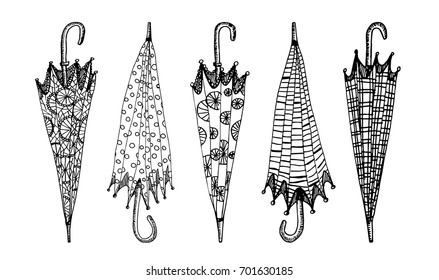 Sketch of five umbrellas in a children's style. Nineteenth century style. Doodle postcard. Black ink picture. Vector illustration.