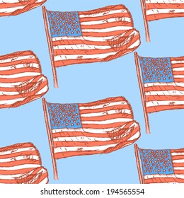 Sketch flag of USA, vector vintage seamless pattern