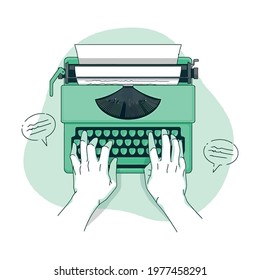 Sketch Flat Hands typing on first typewriter machine with paper and pastel background vector illustration
