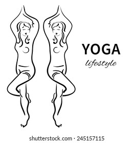 Sketch with flexible twins doing yoga pose. Healthy lifestyle.