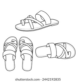 Sketch of flip flops sandals open toe slip on vector illustration. Outline vector doodle illustration, front, top, and side view.