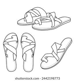 Sketch of flip flops sandals open toe slip on vector illustration. Summer beach sandals. Outline vector doodle illustration, front, top, and side view.