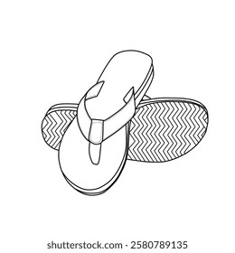 Sketch of flip flops sandals open toe with woven strap vector illustration. Outline vector doodle illustration, front, and back view.