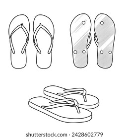 Sketch of flip flops sandals vector illustration. Outline vector doodle illustration, front, top, and bottom view.