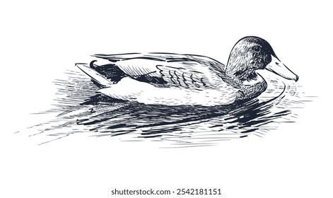 Sketch of floating one wild duck in lake, realistic hand drawn vector illustration isolated on white