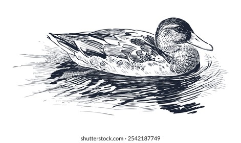 Sketch of floating wild duck in lake, realistic hand drawn vector illustration isolated on white