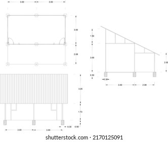 sketch of the floor plan, elevation and section of a simple building