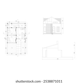 desenho da planta do chão, elevação e seções da casa pequena