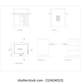 sketch of the floor plan, front, side and back view of the generator building