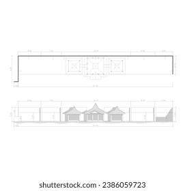 sketch of the floor plan and front view or elevation of the pavilion building