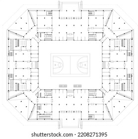 a sketch of a floor plan or layout of a sports hall with a basketball court in the middle of the building