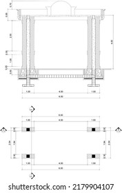 sketch of the floor plan and section of the archway building in a classic style