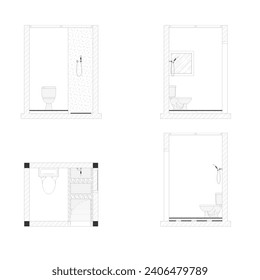 sketch of the floor plan and section of the bathroom or toilet with dimensions