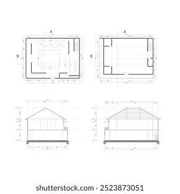 esquema da planta do piso e seções de um edifício de espaço aberto com uma estrutura de telhado de aço