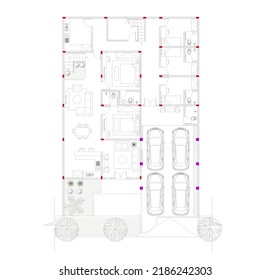 sketch of floor plans and interior plans with lots of room and a large parking area