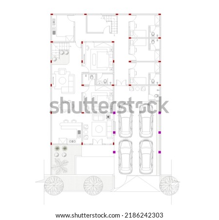 sketch of floor plans and interior plans with lots of room and a large parking area