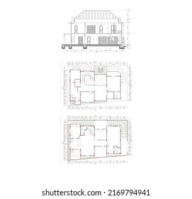 sketch of floor plans and sections of a two-story house in a classic style