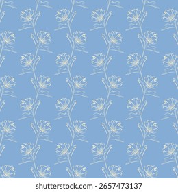 Sketch of floral abstraction seamless pattern. Drawn with light brush on blue background. Simple flower drawing, vertical design. Spring summer botanical print. Vector illustration.