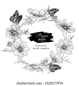 Sketch Floral Botany Collection. Cosmos flower drawings. Black and white with line art on white backgrounds. Hand Drawn Botanical Illustrations.Nature Vector.