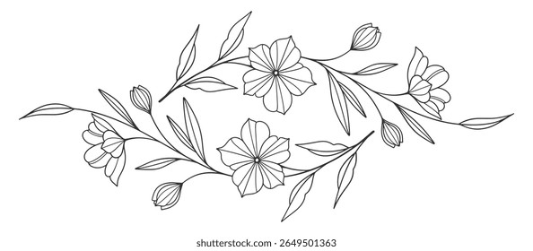 Esboço Floral Botany Collection. desenhos de flores. Preto e branco com arte de linha em fundos brancos. Ilustrações Botânicas Desenhadas À Mão. Eps vetorial