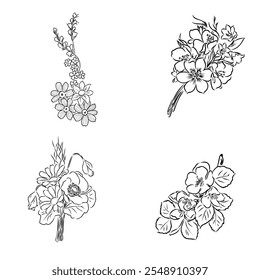 Esboço Floral Botany Collection. Desenhos de flores de magnólia. Preto-e-branco com arte vetorial