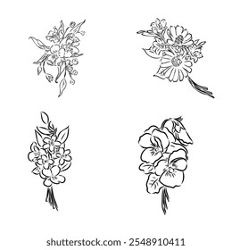 Esboço Floral Botany Collection. Desenhos de flores de magnólia. Preto-e-branco com arte vetorial