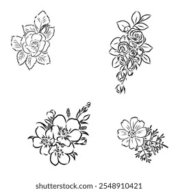 Esboço Floral Botany Collection. Desenhos de flores de magnólia. Preto-e-branco com arte vetorial