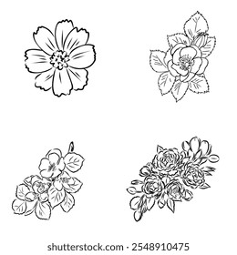 Esboço Floral Botany Collection. Desenhos de flores de magnólia. Preto-e-branco com arte vetorial