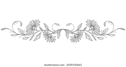 Dibujo de la botánica floral. Blanco y negro con líneas de arte sobre fondos blancos. Dibujado a mano botánico 