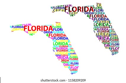 Sketch Florida (United States of America, The Sunshine State) letter text map, Florida map - in the shape of the continent, Map Florida - color vector illustration