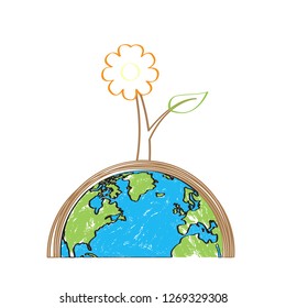 Sketch of a flower on an Earth pot. Earth day. Vector illustration design