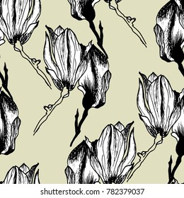 Sketch flower seamless pattern, hand drawn flower on white background, vector illustration