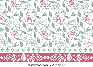 sketch flower textile print featuring line floral seamless pattern with elegant border designed for premium digital fabric printing

