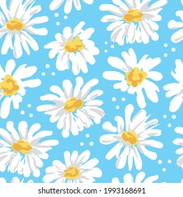 Sketch flowers Camomile on a blue background. Seamless Pattern with daisy. Chamomile Vector Trend Summer Print for textile