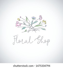 Sketch of flowers and herbs with editable stroke. Logo for handcrafted products, flower shop, wedding events or beauty studio. Linear illustration