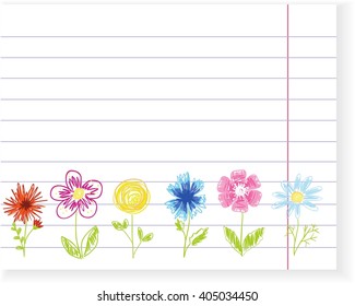 Sketch flowers on exercise book sheet. Vector