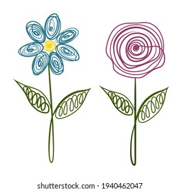 Sketch of a flowers in one continuous line. Application with thread. Children's drawing vector isolated on white background