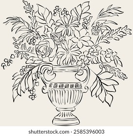 Sketch of flowers in vase. Decorative bouquet. Vector illustration of flowers for invitations, stationery or branding. Minimalist art