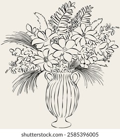 Sketch of flowers in vase. Decorative bouquet. Vector illustration of flowers for invitations, stationery or branding. Minimalist art